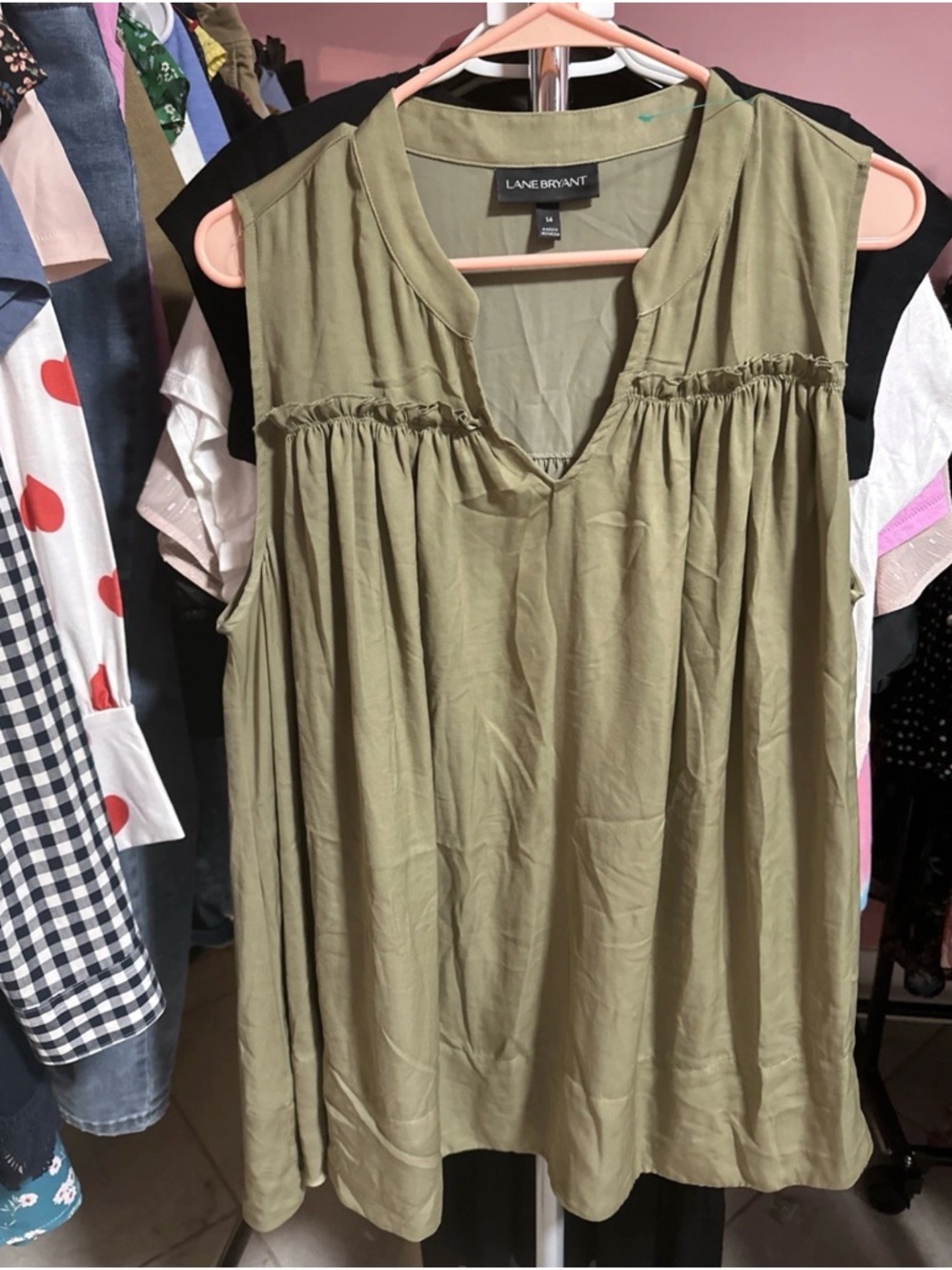 Lane Bryant Olive Sleeveless Gathered Yoke Tunic